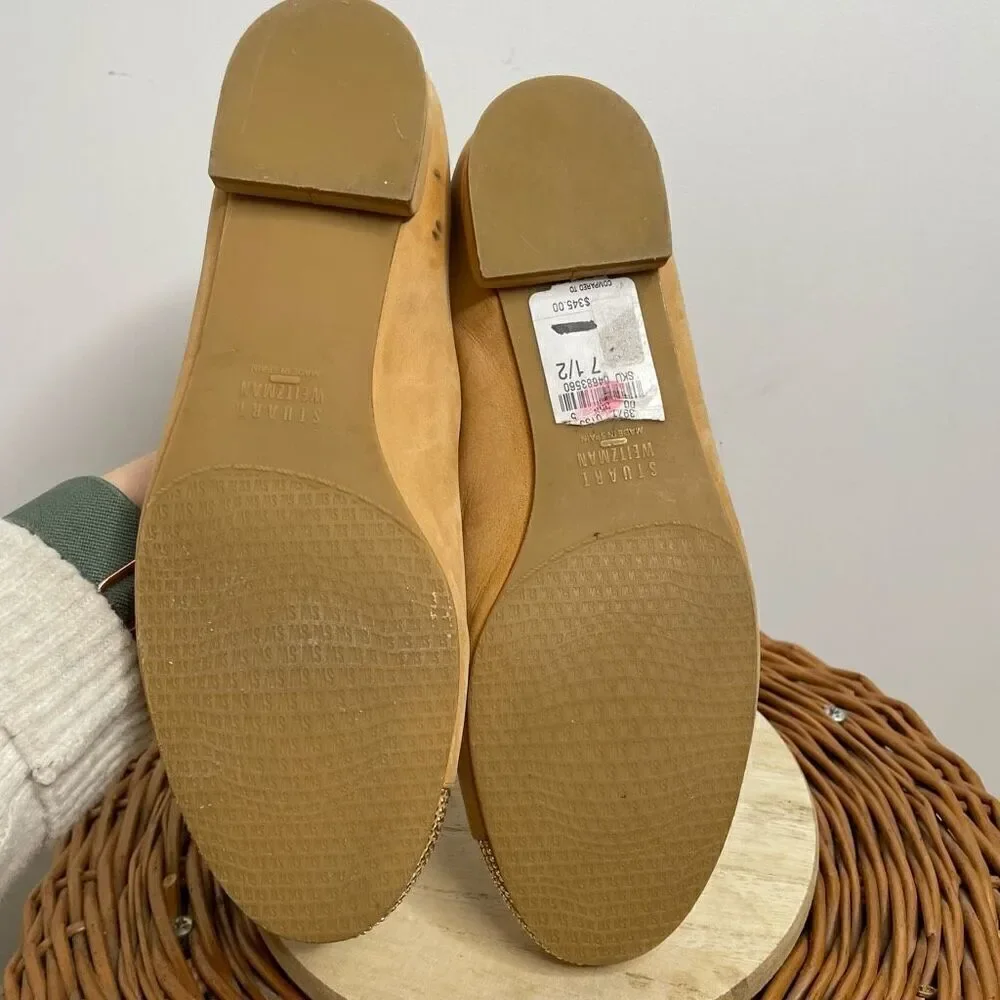 Stuart Weitzman Lingo Slip On Loafer 7.5 Beige Nubuck Nailhead Cap Toe Shoe Tan